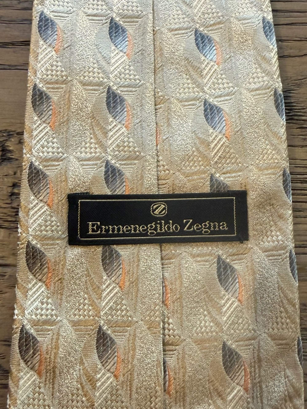 Ermenegildo Zegna Champagne Gold Silk Tie with Gray and Orange Accents